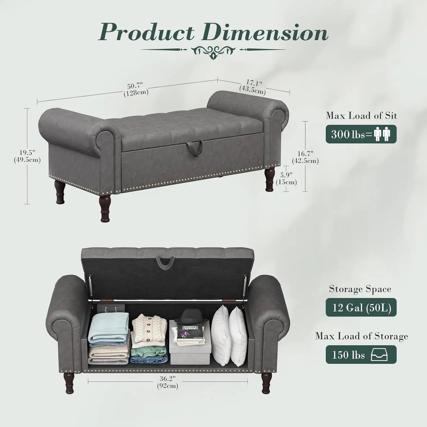 51” Bench with Storage, Upholstered Tufted Button Bedroom Bench with Storage, Faux Leather End of Bed Bench with, Customized