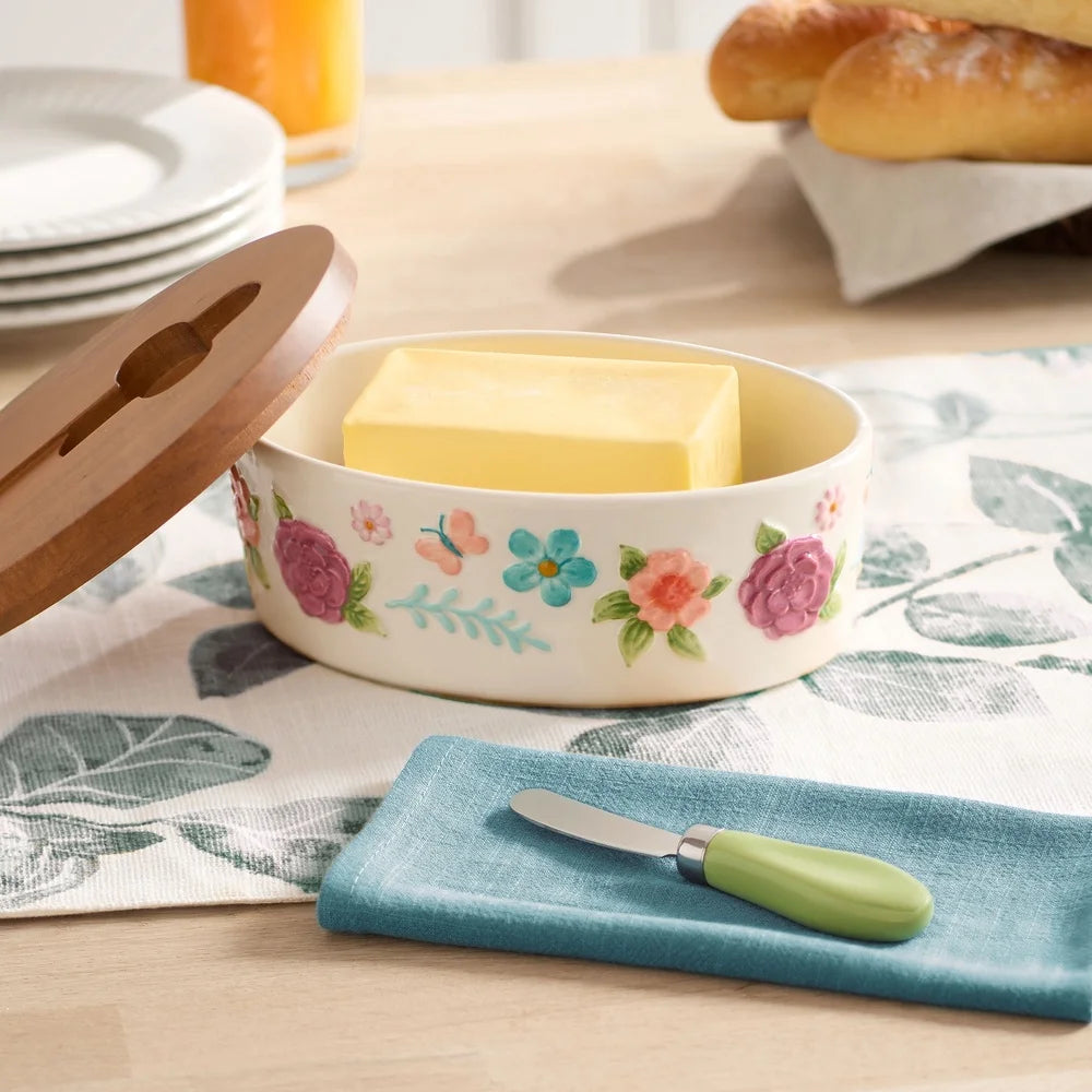 Butter Dish Set w/ Acacia Lid & Knife Painted Ceramic