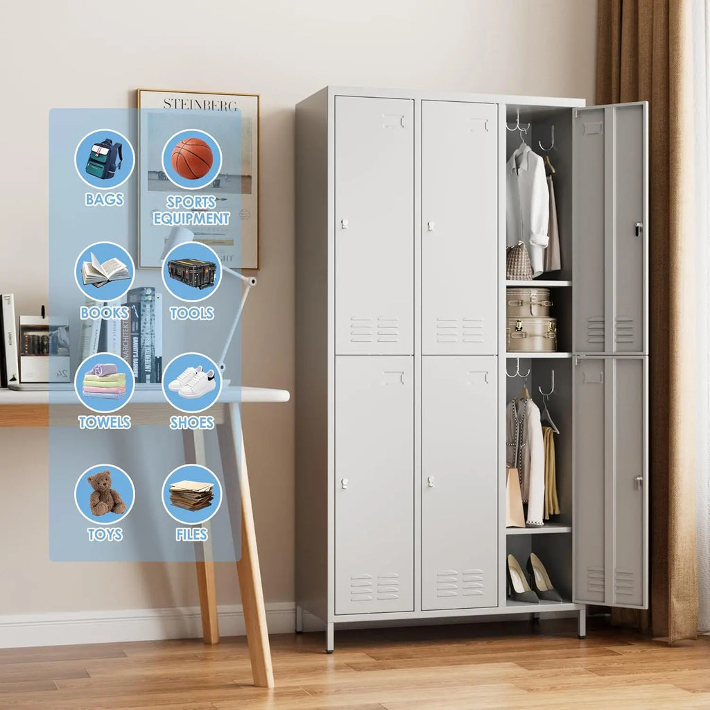 6 metal employee storage cabinets, equipped with 12 hooks, suitable for schools, gyms, bedrooms. Available in three colors.