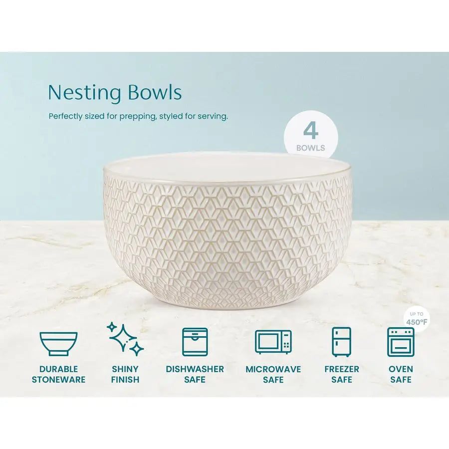 Mixing Bowls, Set of 4, Embossed Ceramic
