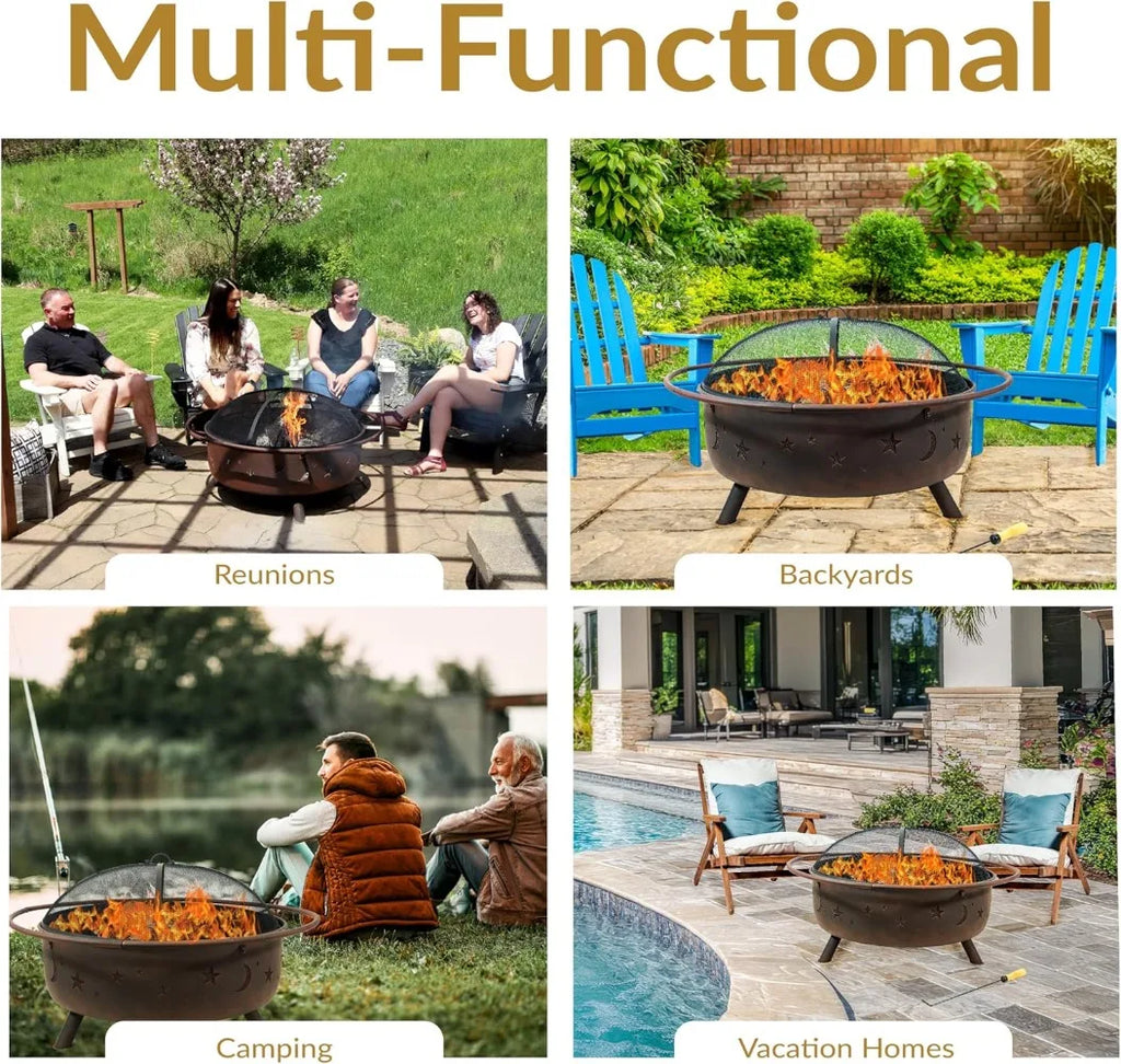 42-Inch Large Outdoor Wood-Burning Fire Pit with Spark Screen, Poker, and Grate - Perfect for Backyard Gatherings