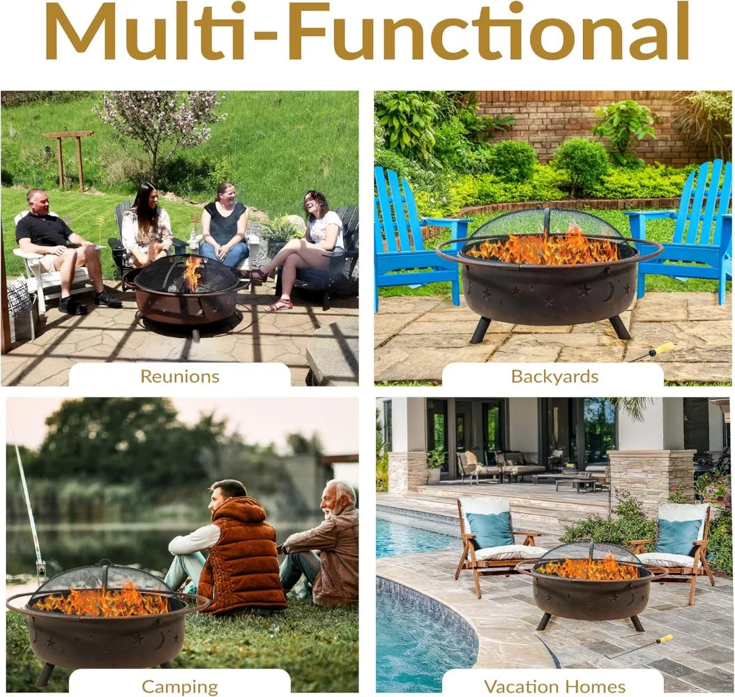 42-Inch Large Outdoor Wood-Burning Fire Pit with Spark Screen, Poker, and Grate - Perfect for Backyard Gatherings