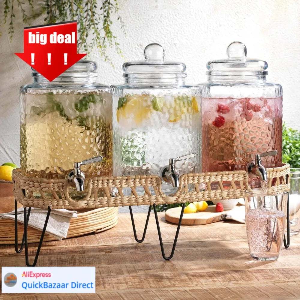 Drink Dispenser, 1.5 Gal Glass 3-Pack W/ Stand