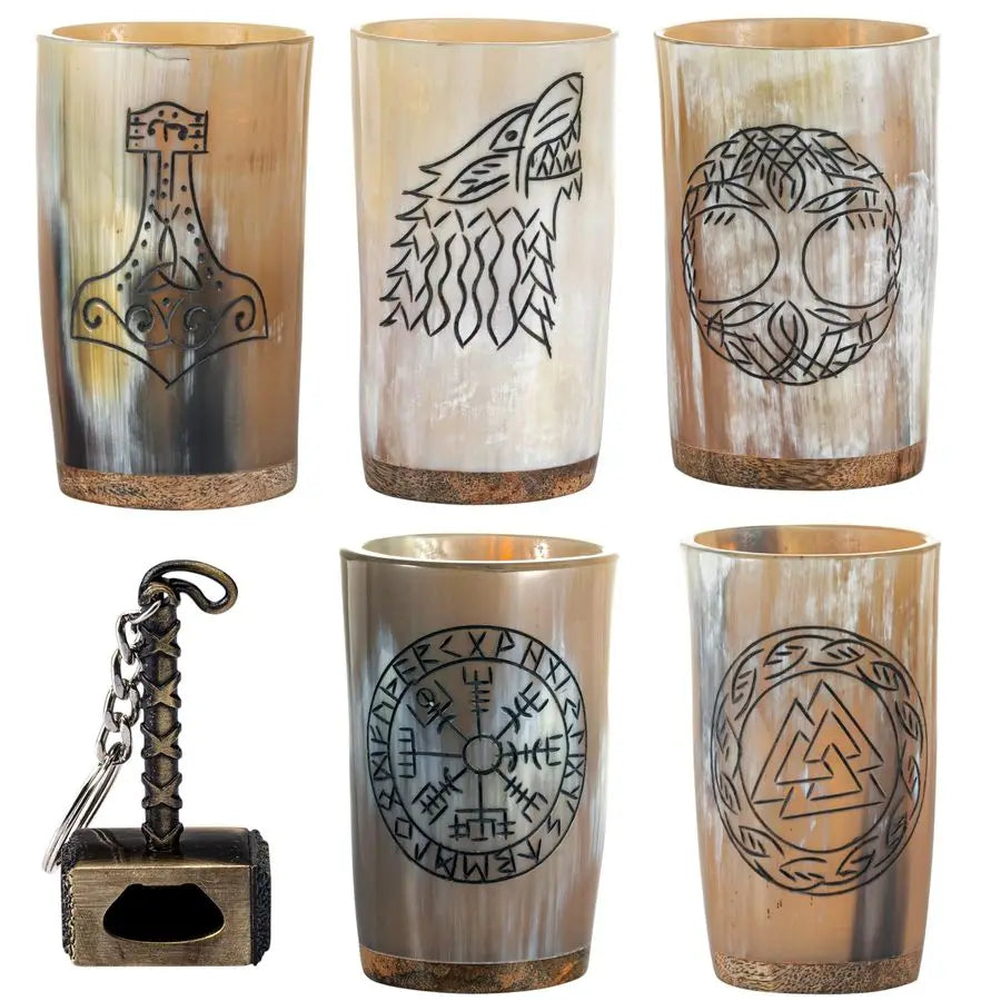 Viking Drinking Horn Mug Set of 5 Gifts for Men, Dad, Husband Unique Viking Gift Natural Ox Horn Cup with Thor Bottle Opener For