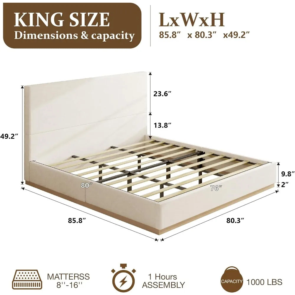 King Size Platform Bed Frame with Headboard, Velvet Grounded Bed with Wood Slats, Heavy Duty Mattress Foundation.