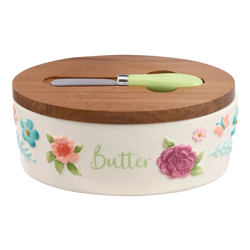 Butter Dish Set w/ Acacia Lid & Knife Painted Ceramic