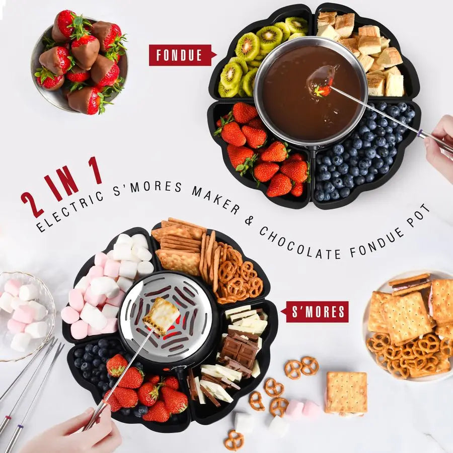 Fondue Pot & Smores Maker, Electric Tabletop Indoor kit w/ 4 Forks, 4 Trays