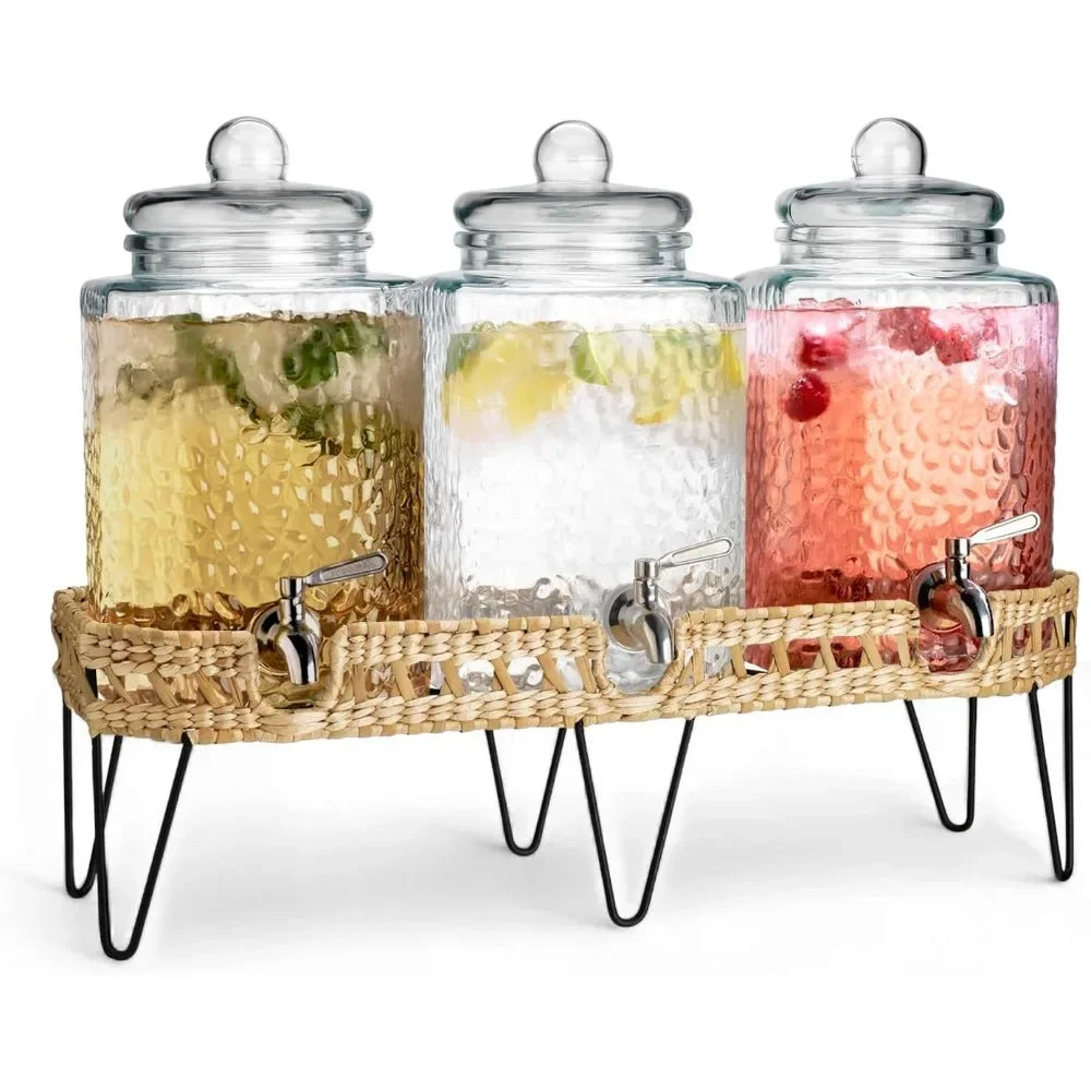 Drink Dispenser, 1.5 Gal Glass 3-Pack W/ Stand