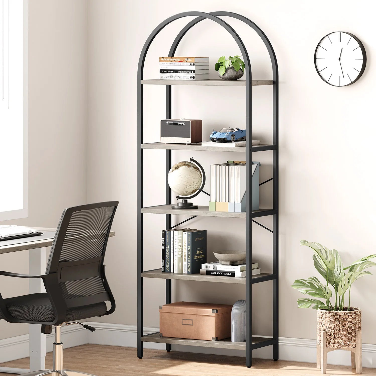 5-Tier Arched Bookshelf, 180cm Tall Industrial Open Bookcase, Freestanding Display Rack Metal Wooden Storage Shelving Units