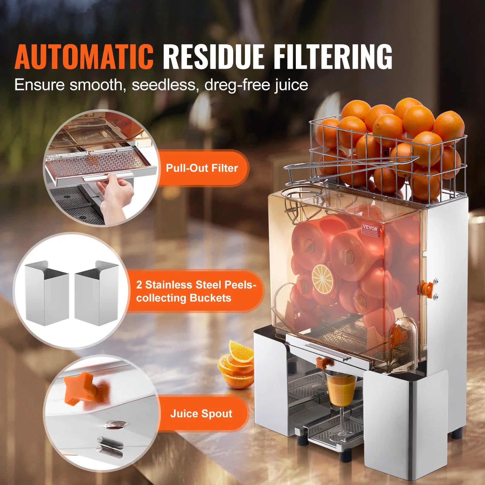 Orange Juicer Machine, Stainless w/ Pull-Out Filter