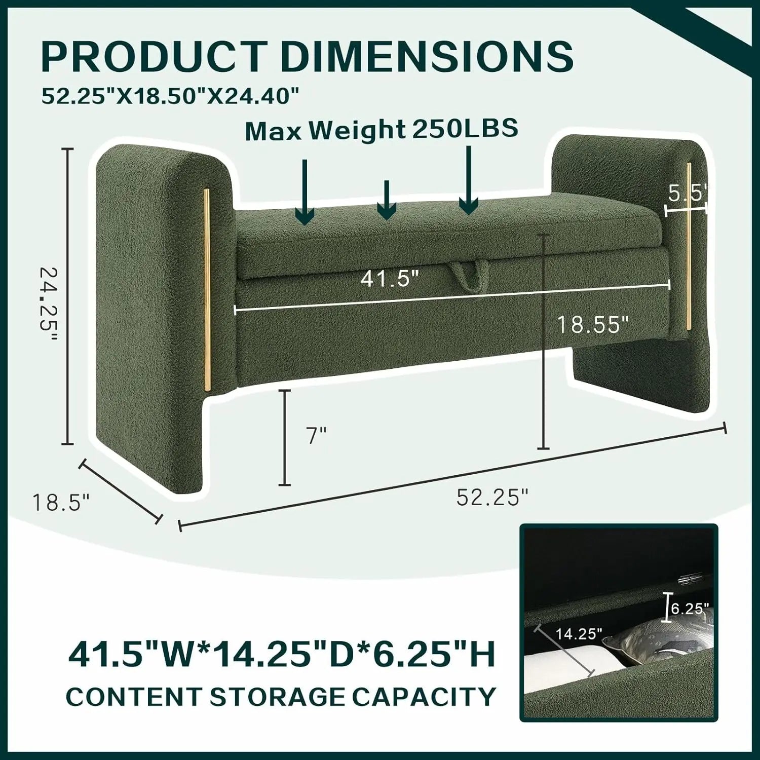 Modern 52" Storage Ottoman Bench, Upholstered End of Bed Storage Bench with Armrests, Entryway Bench, Teddy Foot, Customized