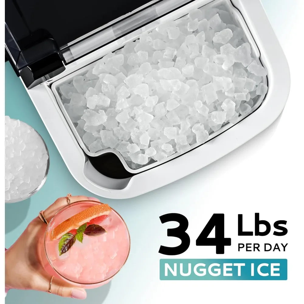 Nugget Ice Maker Countertop with Handle, Ready in 6 Mins, 34lbs Per Day, Removable Top Cover, Auto-Cleaning