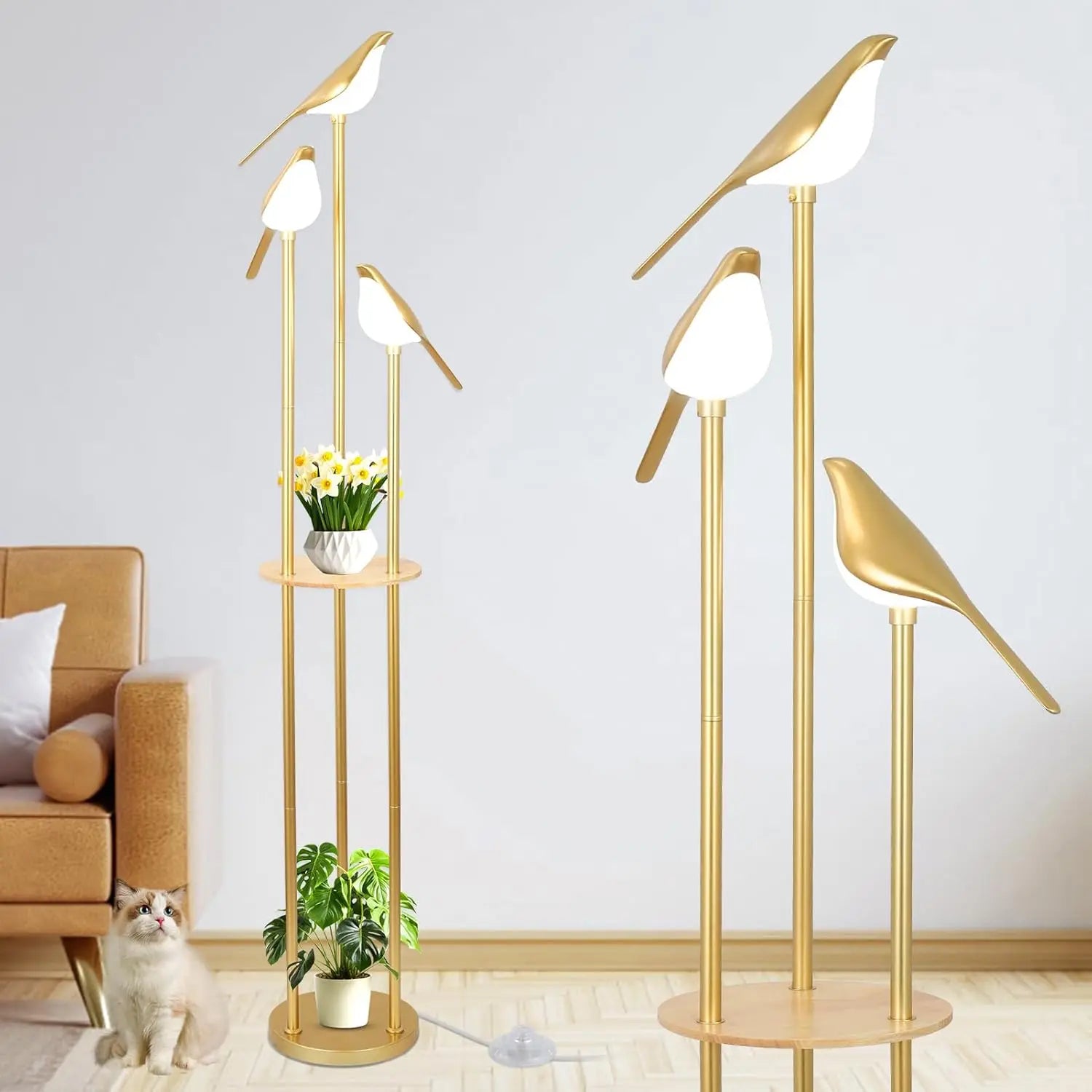 Floor Lamp w/ LED Bird Lights Wood Shelf Gold