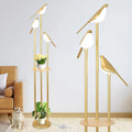 Floor Lamp w/ LED Bird Lights Wood Shelf Gold