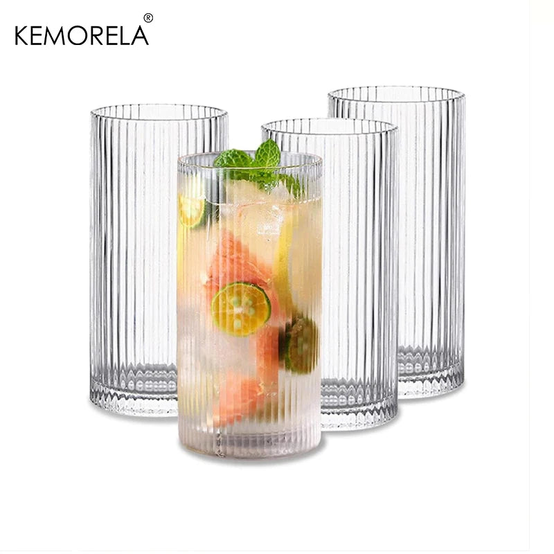 Glasses, Set of 4 Ribbed Vintage Clear Juice Cocktail Iced Coffee