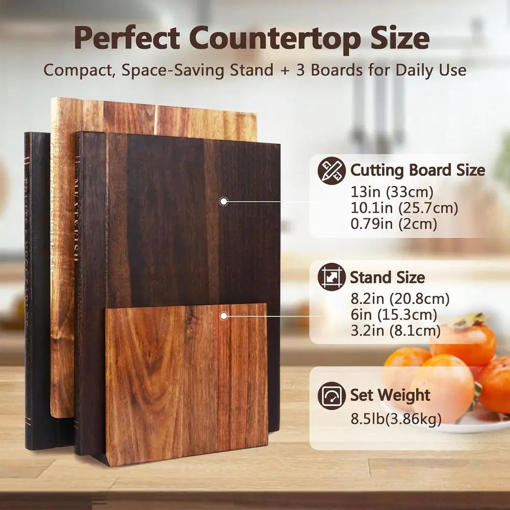 Cutting Board "Book" Set of 3 W/ Stand, Acacia
