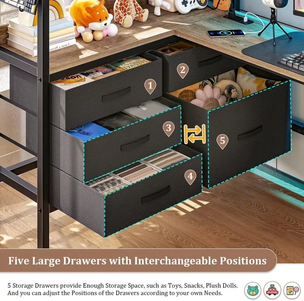 Twin Loft Bed with Desk, RGB LED Lights, Charging Station & Storage Drawers