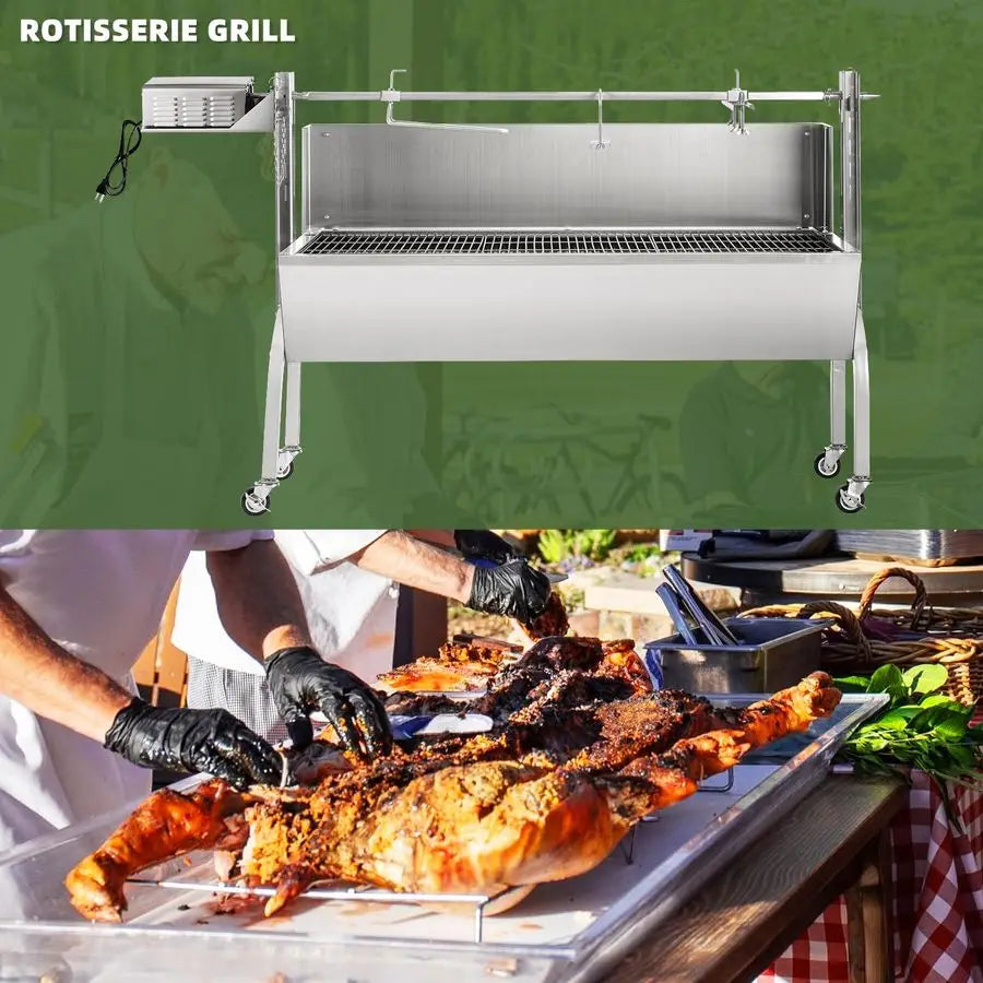 Charcoal Grill, Electric Spit Roaster Stainless Steel w/ Adjustable Height