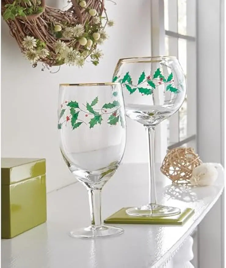 Glasses, 4-Piece Holiday Stemmed Dinnerware Gold Rim