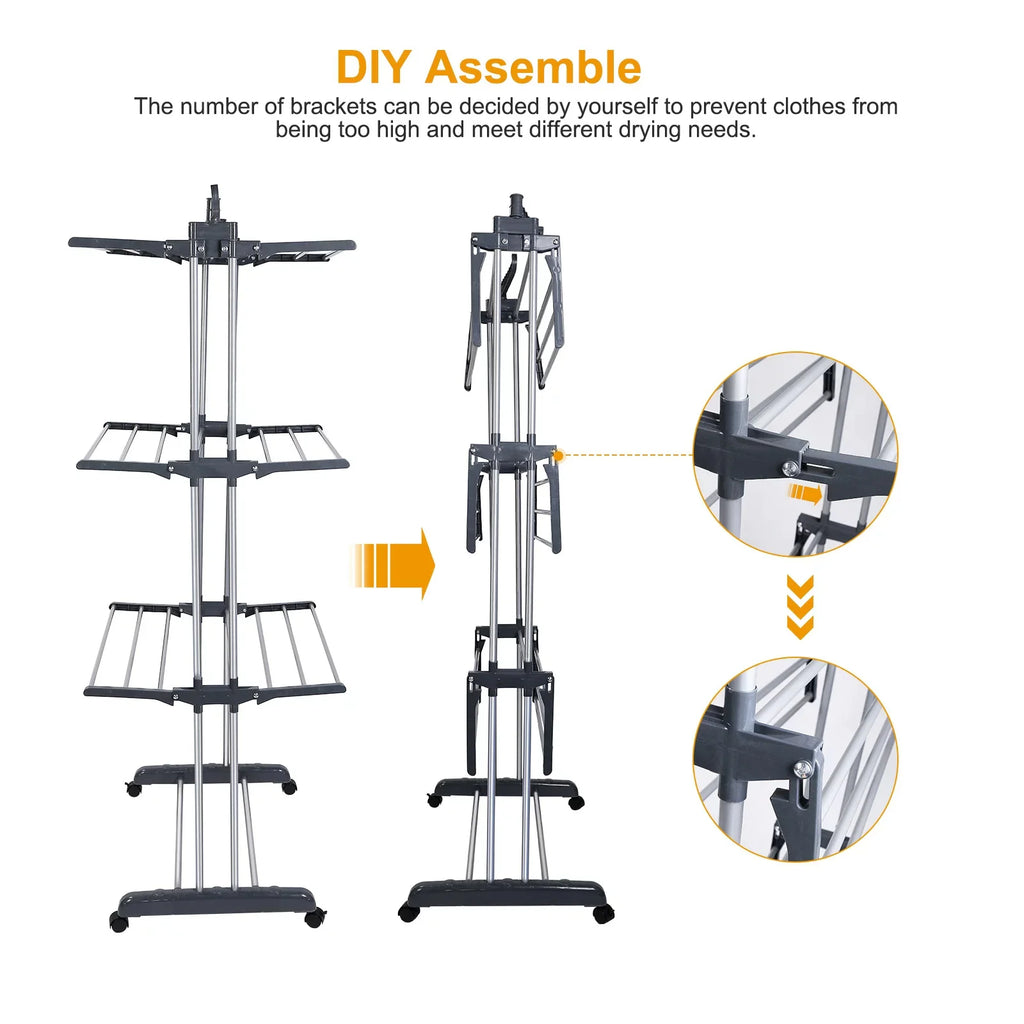 4-Tier Clothes Drying Rack Foldable Expandable Rack Large Movable with Wheels Space Saving Multi-functional Indoor & Outdoor