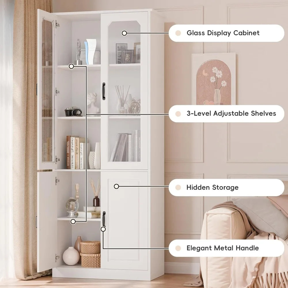78.7" Tall Kitchen Pantry with Glass Doors, Adjustable Shelves, Freestanding Storage Cabinet for Dining Living Room
