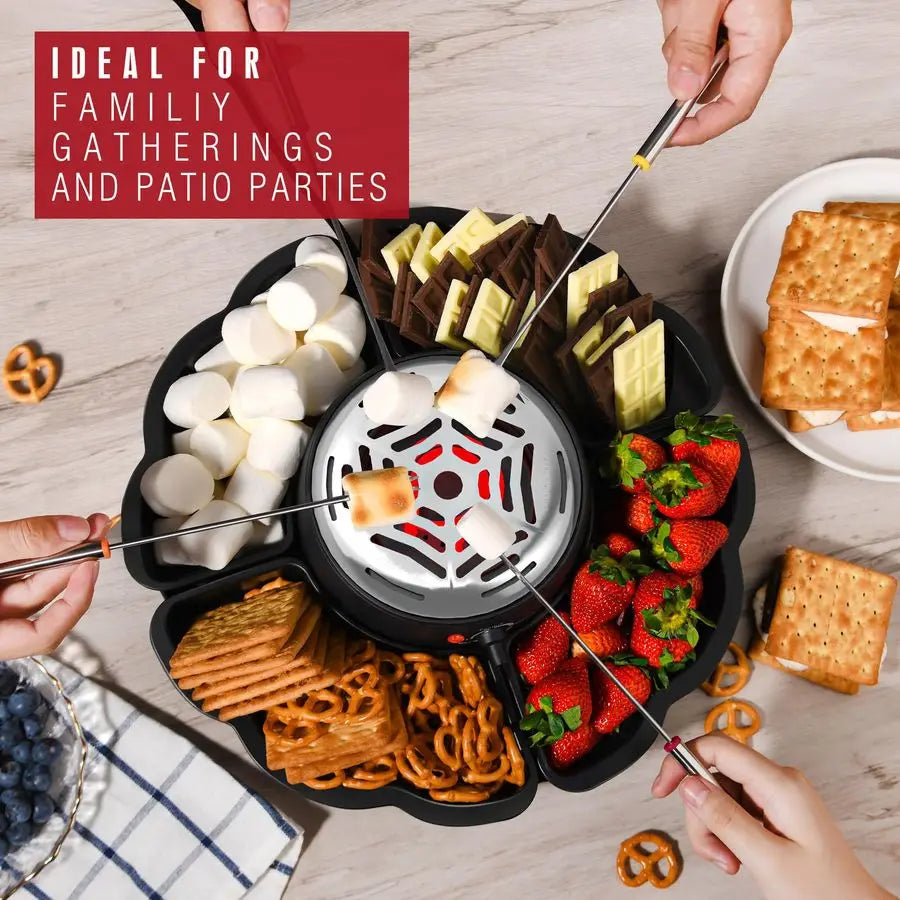 Fondue Pot & Smores Maker, Electric Tabletop Indoor kit w/ 4 Forks, 4 Trays
