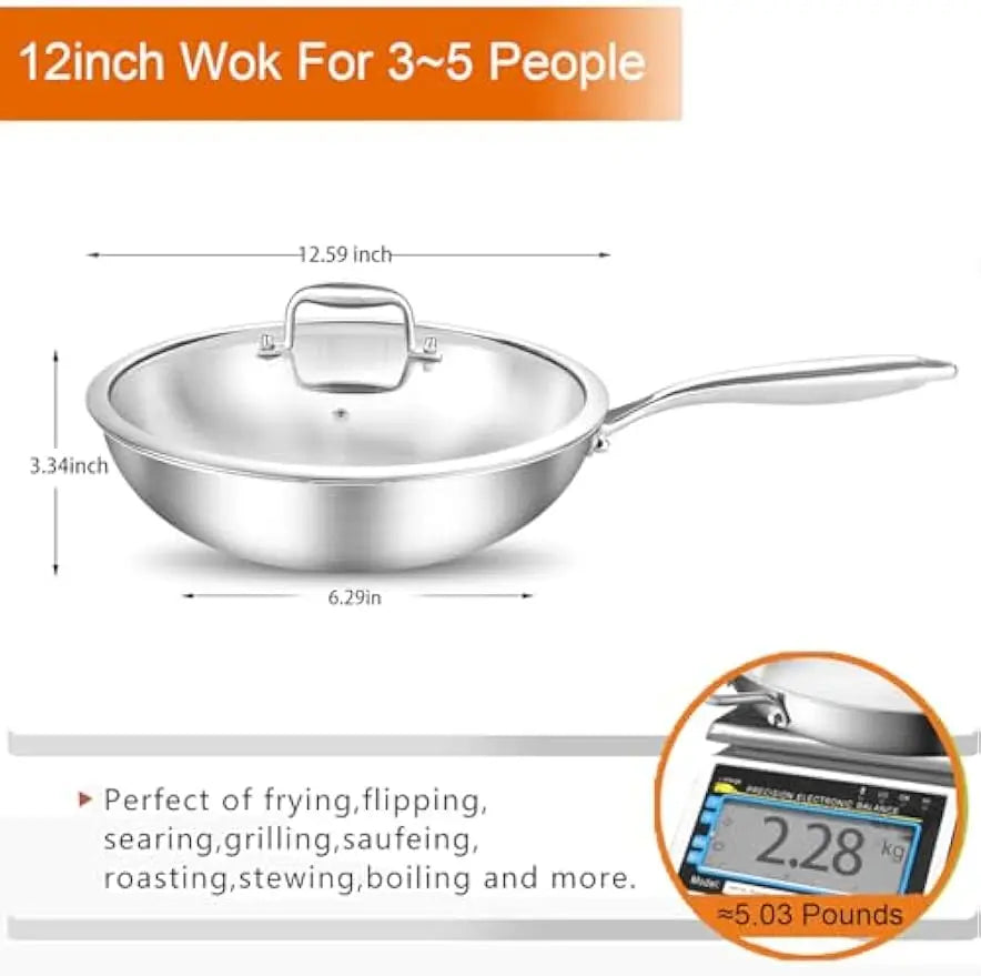 Wok w/ Glass Lid, 12-In Stainless Steel Induction Compatible, Oven Safe