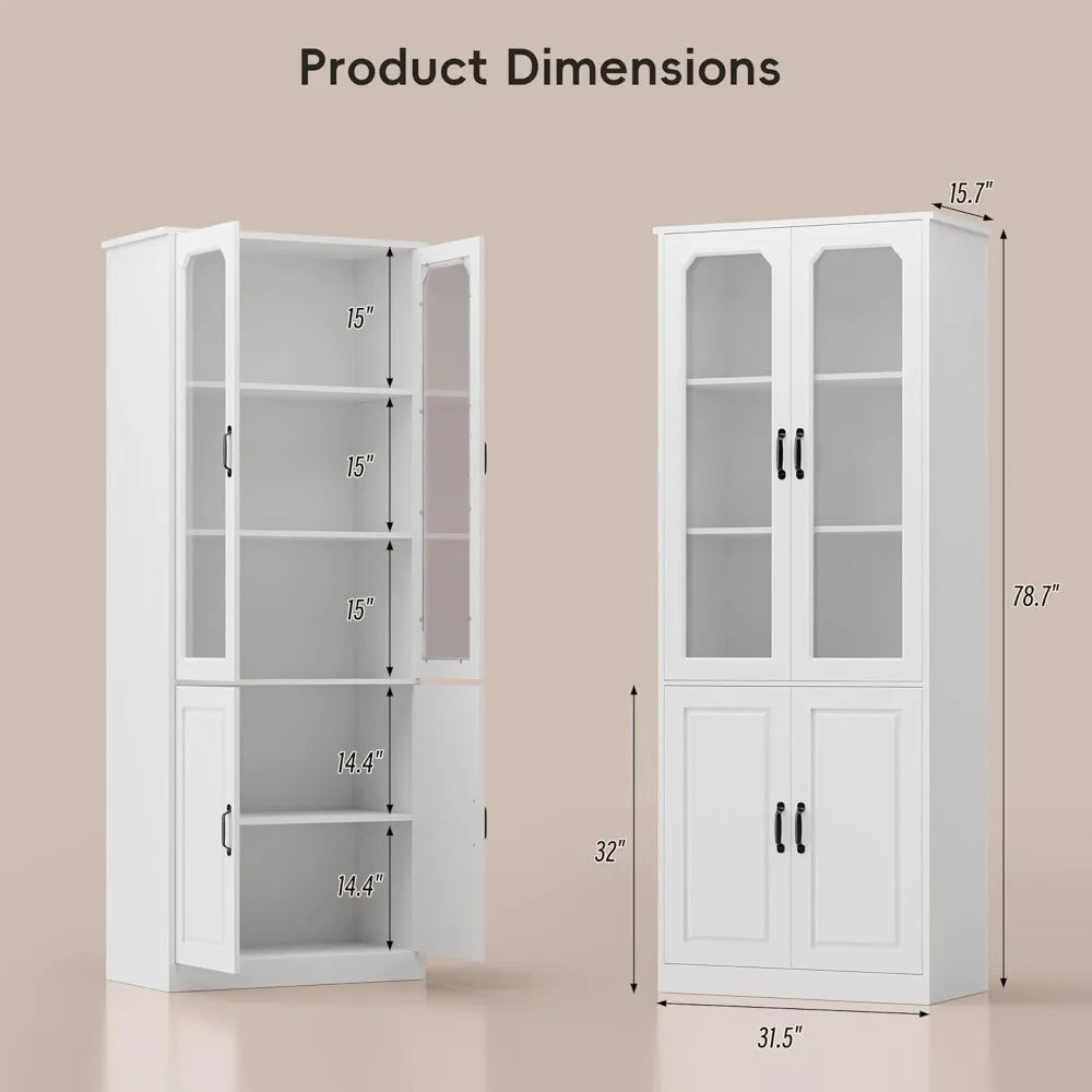 78.7" Tall Kitchen Pantry with Glass Doors, Adjustable Shelves, Freestanding Storage Cabinet for Dining Living Room
