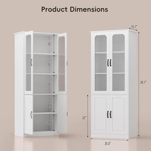 78.7" Tall Kitchen Pantry with Glass Doors, Adjustable Shelves, Freestanding Storage Cabinet for Dining Living Room