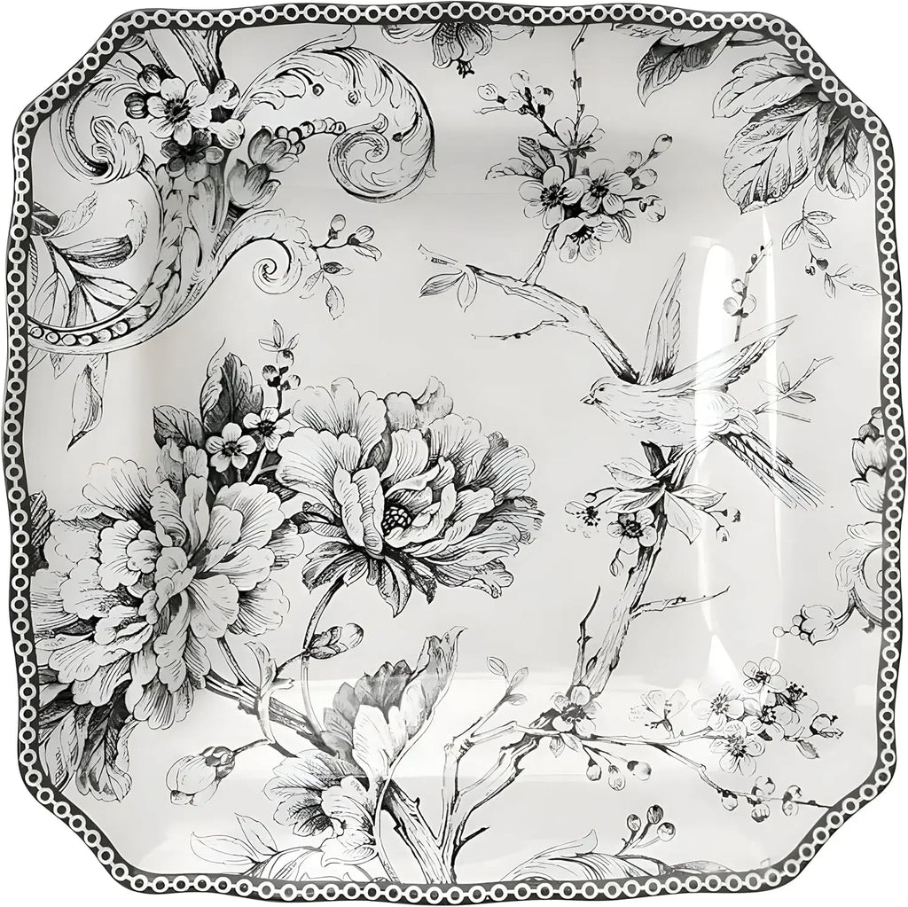 Adelaide 16-Piece Square Floral Dinnerware Set – Service for 4, Grey & White Porcelain Plates & Bowls, for Everyday Dining & Ent