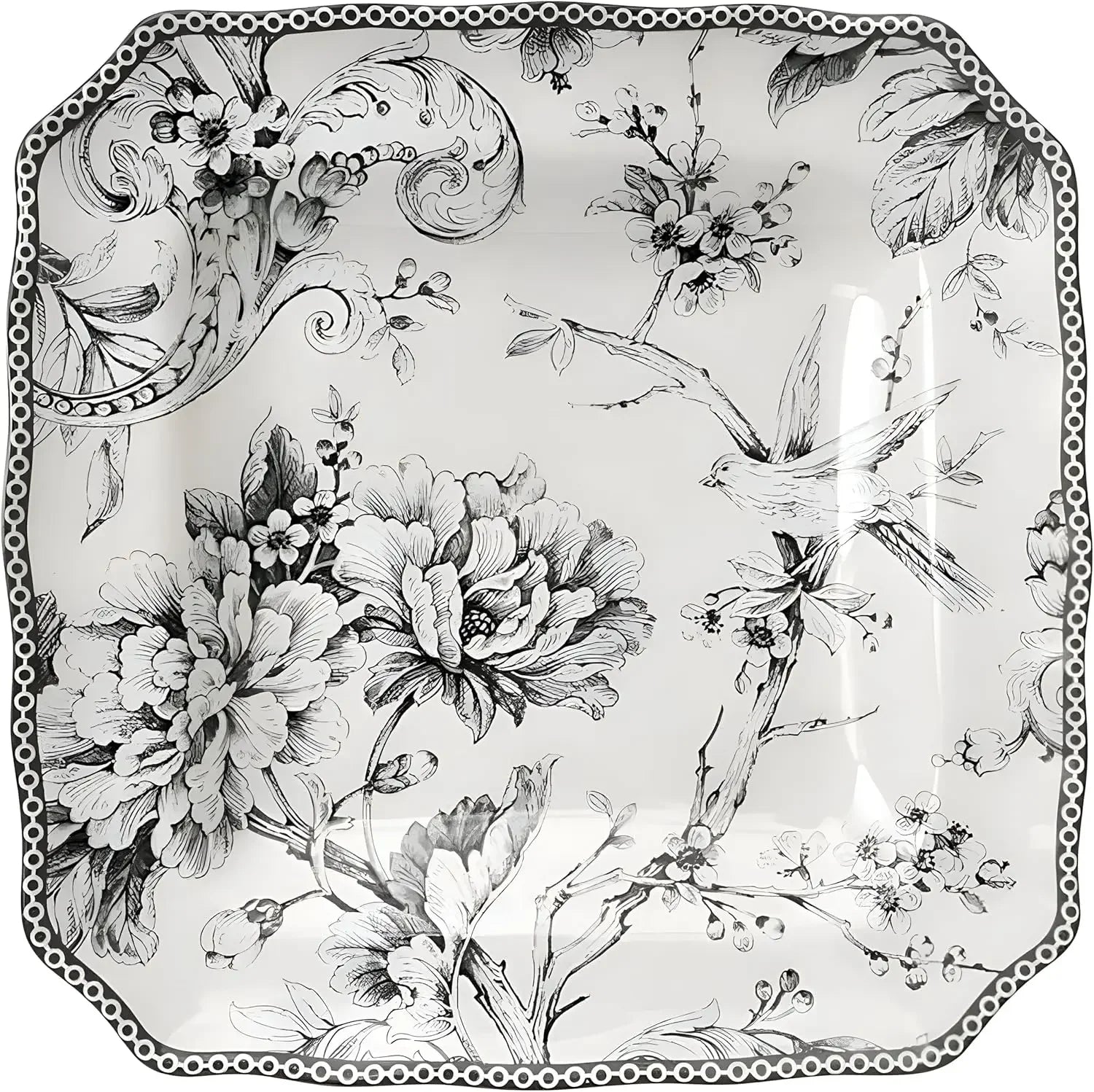 Adelaide 16-Piece Square Floral Dinnerware Set – Service for 4, Grey & White Porcelain Plates & Bowls, for Everyday Dining & Ent