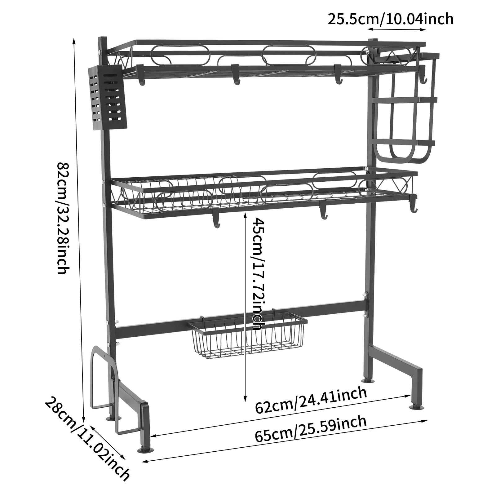 2 Tier Over Sink Dish Drying Rack,Carbon Steel Above Sink Dish Drainer Kitchen Organizer for Kitchen Counter,62/82CM