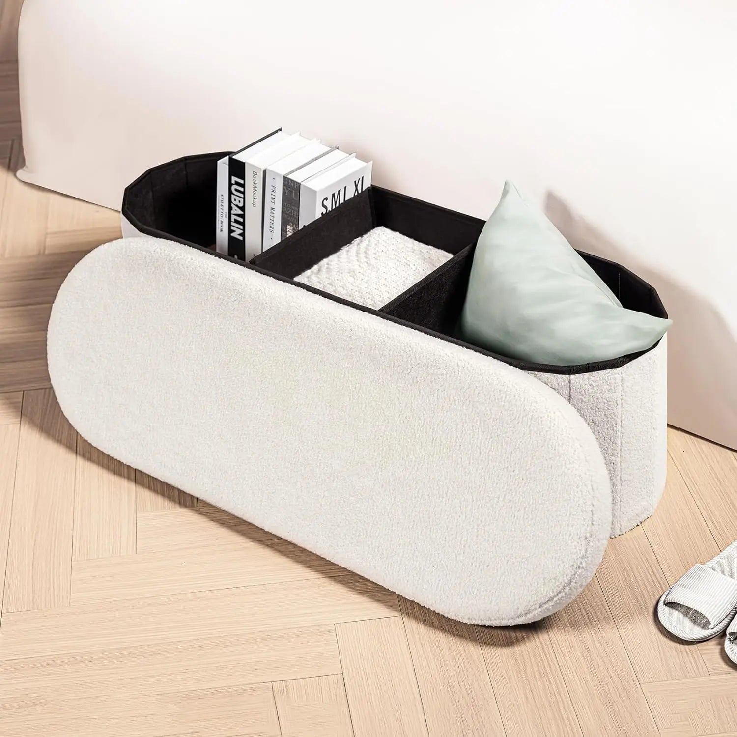 Foldable Storage Ottoman Bench with Sherpa Fabric, 43.3 Inches White Foot Rest for Living Room and Bedroom