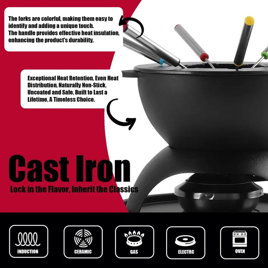 Fondue Pot, Black Cast Iron 5-Cup 6 Forks