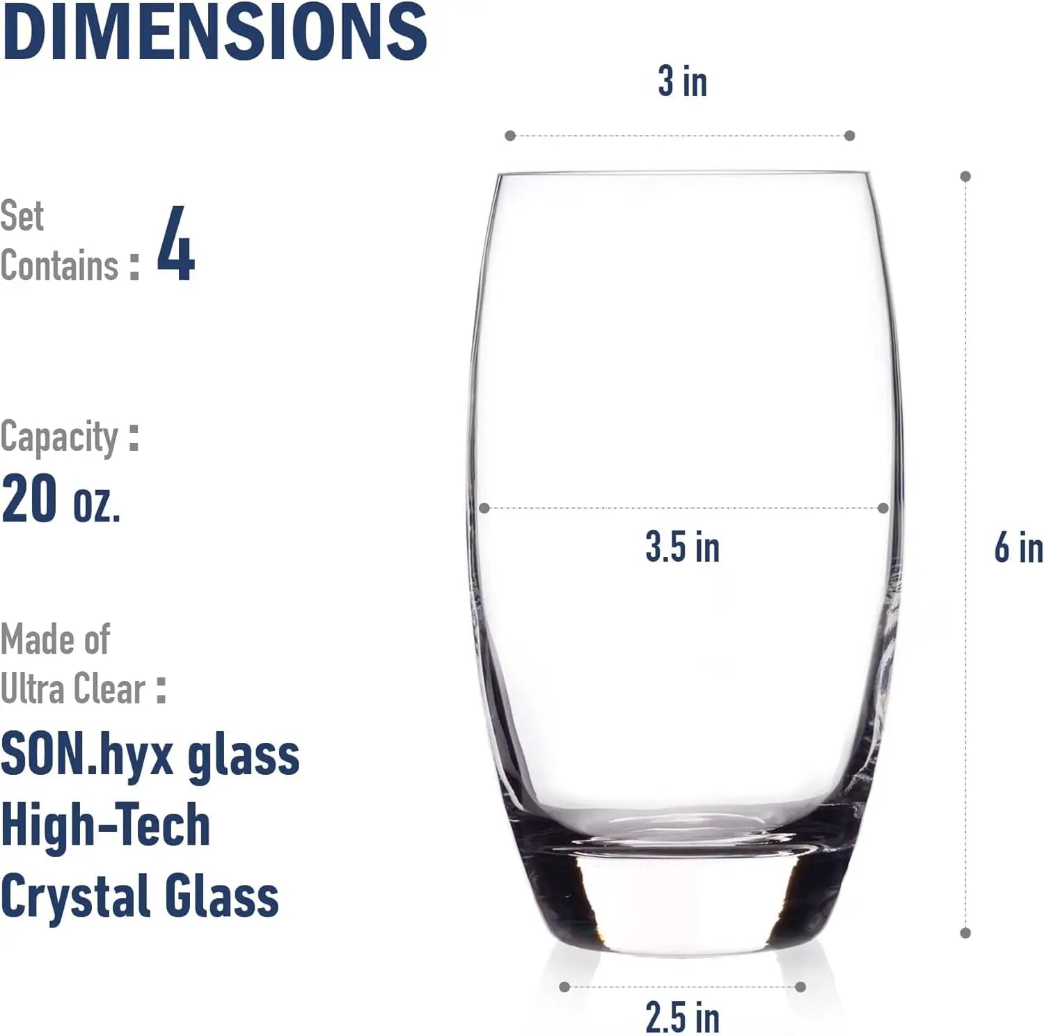 Tumblers, 20 Oz Set of 4 Lead-Free Crystal, Dishwasher Safe