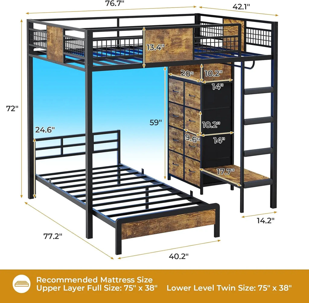 Bunk Bed Twin Over Twin Size with 8 Storage Drawers, Twin Bunk Beds with Led Lights & Storage Shelves, Metal Loft Bed , Black
