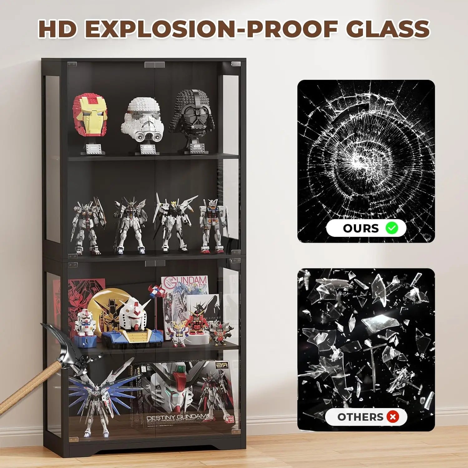 Display Cabinet with Glass Doors, 4-Tier Curio Cabinet with 3 Color Lights for Collectibles, Glass Display Case, Customized