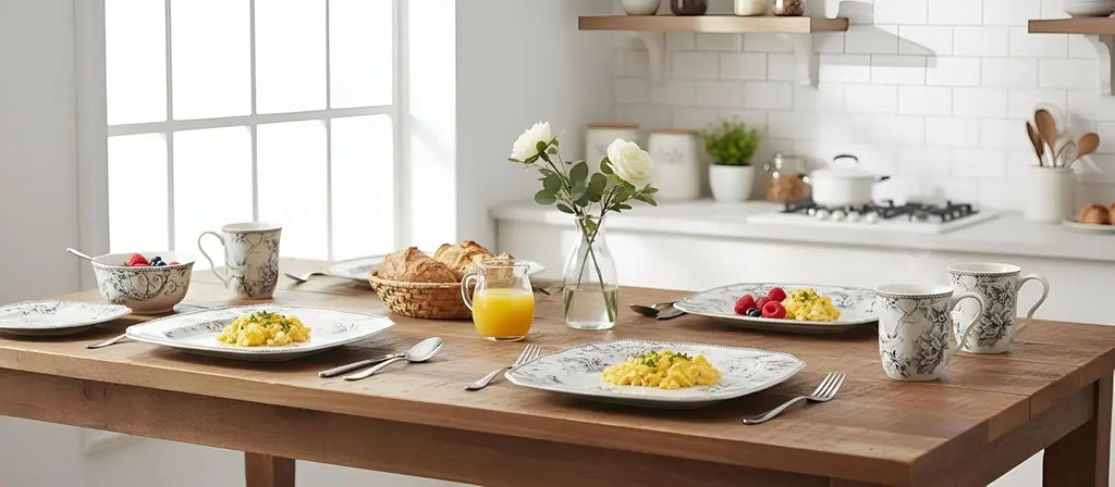 Adelaide 16-Piece Square Floral Dinnerware Set – Service for 4, Grey & White Porcelain Plates & Bowls, for Everyday Dining & Ent