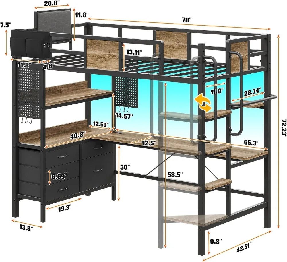 Twin Loft Bed with Desk, RGB LED Lights, Charging Station & Storage Drawers