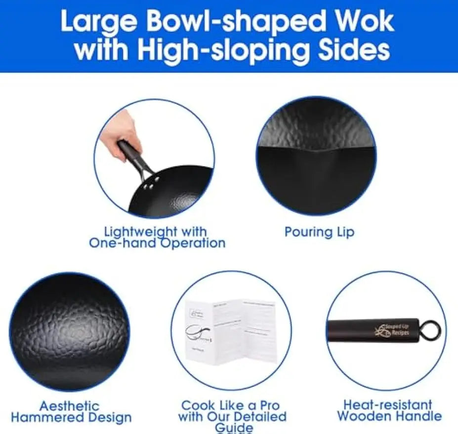 Wok w/  Wood Lid & Utensil, 12.5 In Steel for Electric, Induction