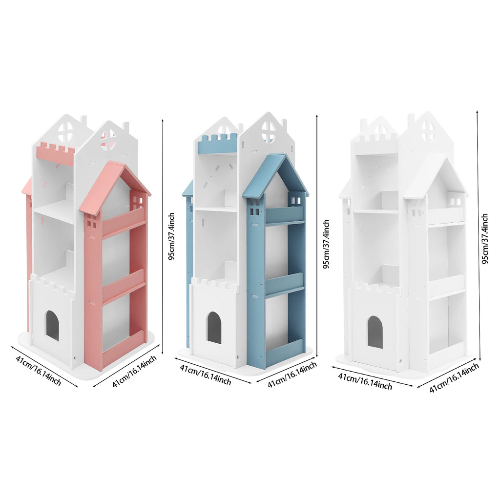 Rotating Kids Bookshelf 7 Tier Castle Design Book Toy Storage Organizer Book Display Shelf for Home Bedroom,3 Colors