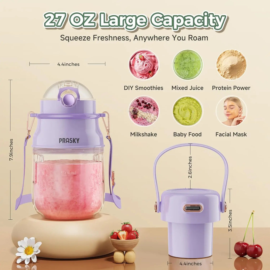 Blender w/ Lid & Strap, 27oz USB-C Rechargeable Smoothie BPA-Free, Purple