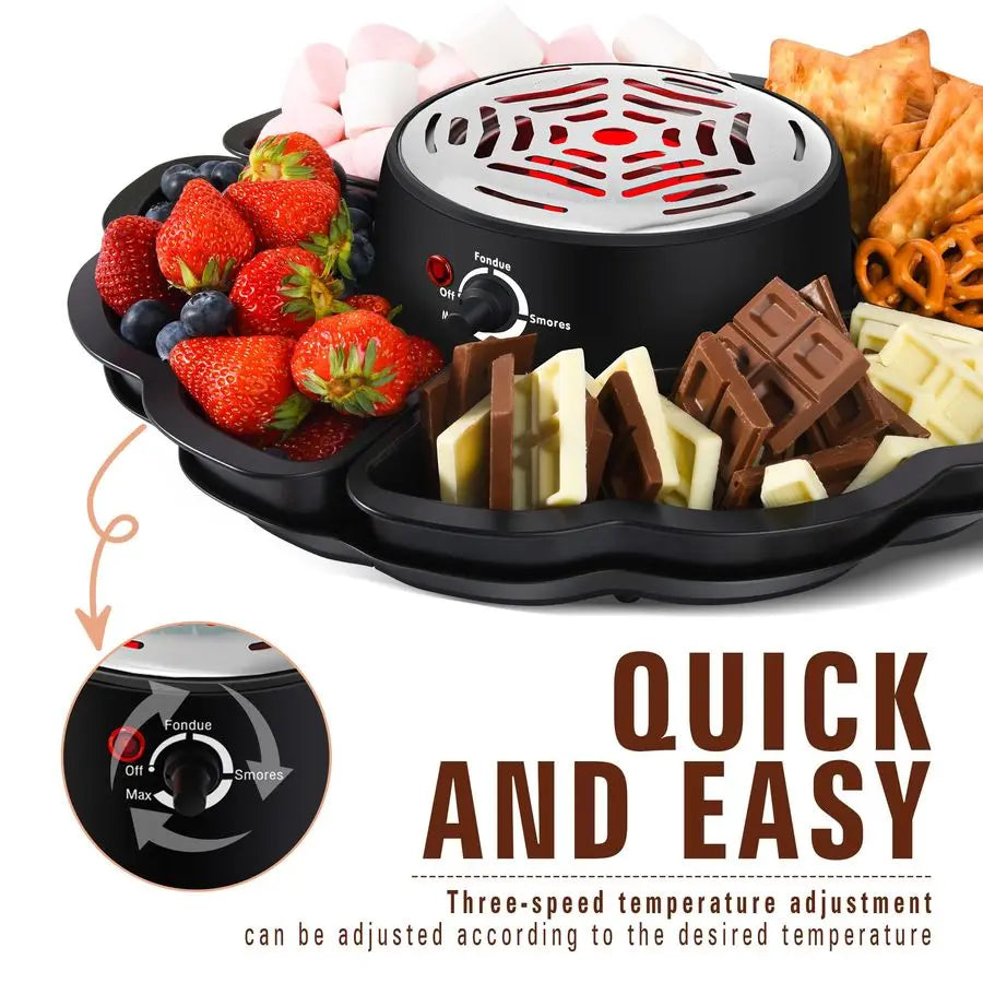 Fondue Set, Smores Maker Electric Tabletop Indoor Kit, 4 Trays & Forks