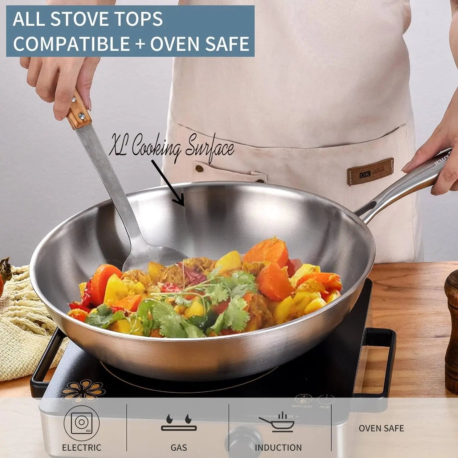 13-Inch Stainless Steel Wok Pan with Lid, Induction Compatible, Dishwasher & Oven Safe