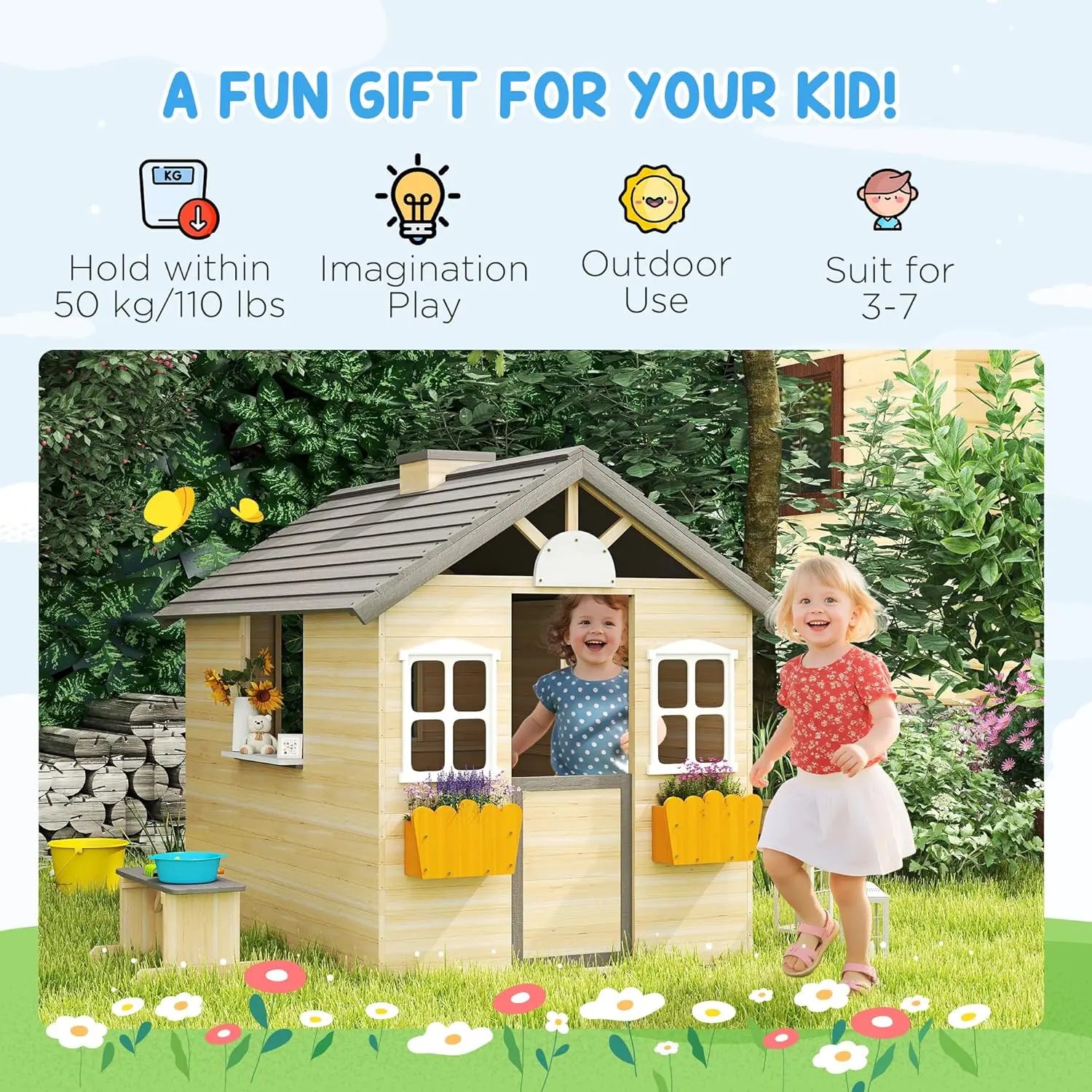 Wooden Playhouse for Kids Outdoor Garden Pretend Play Games, Adventures Cottage, with Working Door, Windows, Bench,, Customized