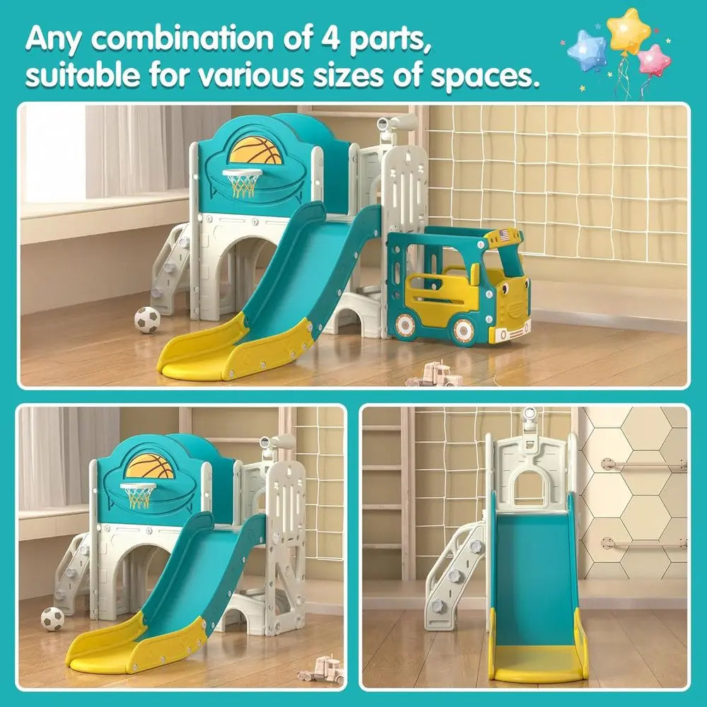 All-in-One Toddler Playground: Bus-Themed Climber with Slide, Basketball, Ring Toss, and Car Playhouse for Indoor & Outdoor Fun