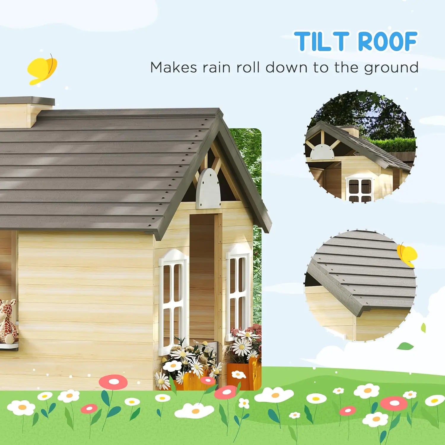Wooden Playhouse for Kids Outdoor Garden Pretend Play Games, Adventures Cottage, with Working Door, Windows, Bench,, Customized