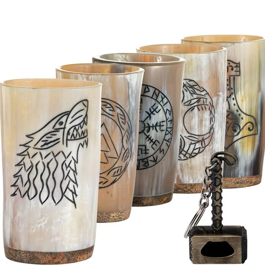 Viking Drinking Horn Mug Set of 5 Gifts for Men, Dad, Husband Unique Viking Gift Natural Ox Horn Cup with Thor Bottle Opener For