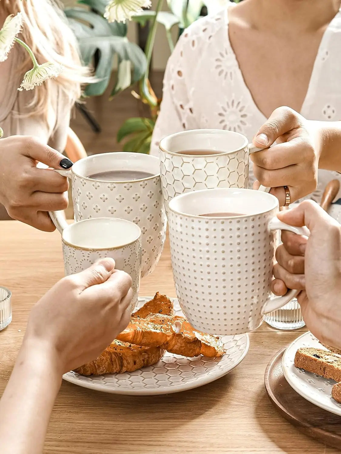 Mugs Set of 4, 16 oz Ceramic Embossed Dishwasher Safe White