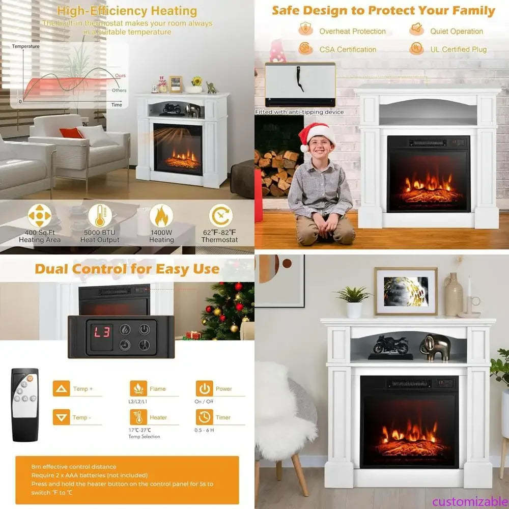32 Inch Freestanding Electric Fireplace with Mantel, Realistic Flame, Thermostat, 3-Level Brightness, and Remote Control